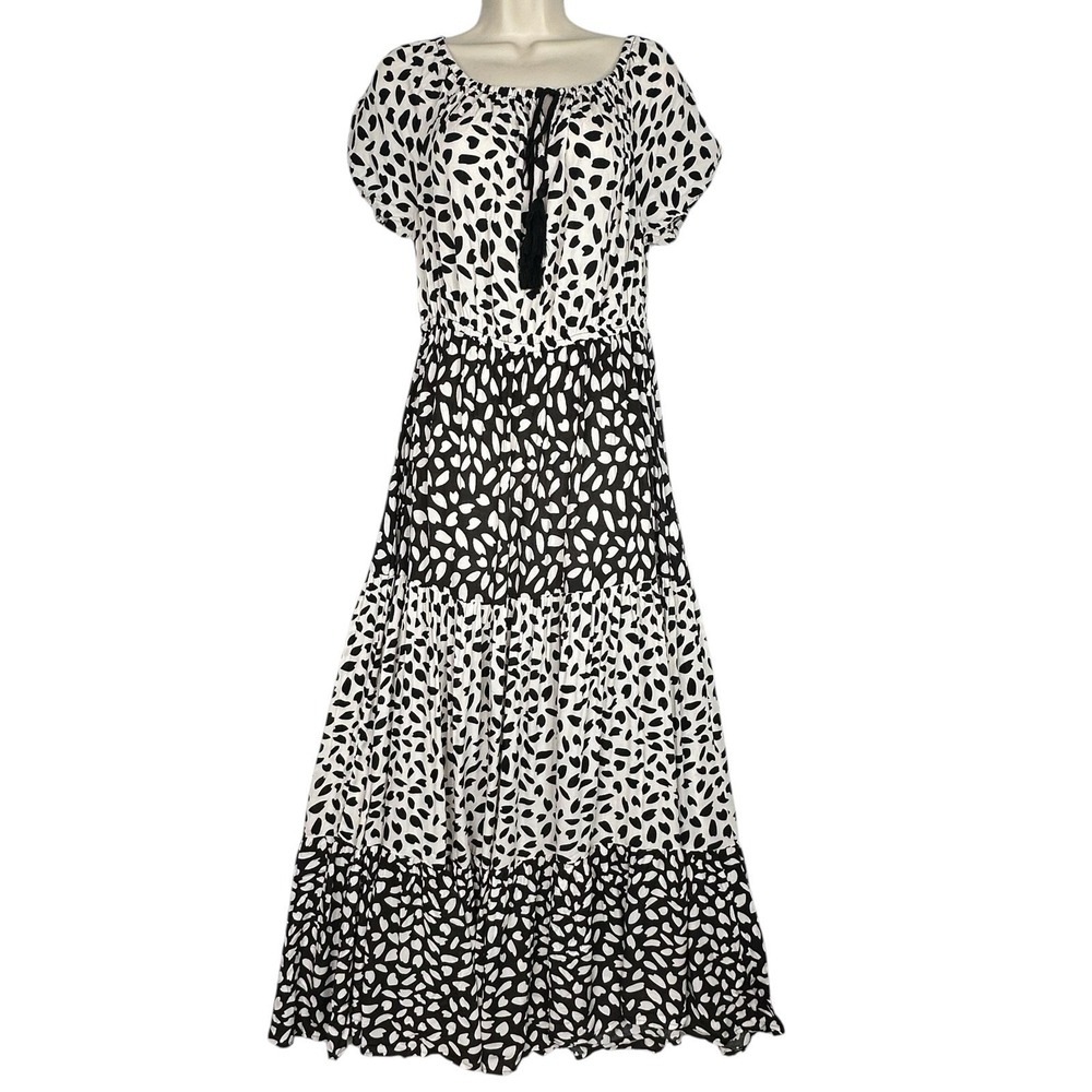 NWT Solitaire‎ Maxi Dress Size M Black White Boho Tiered Tassel Peasant Rayon